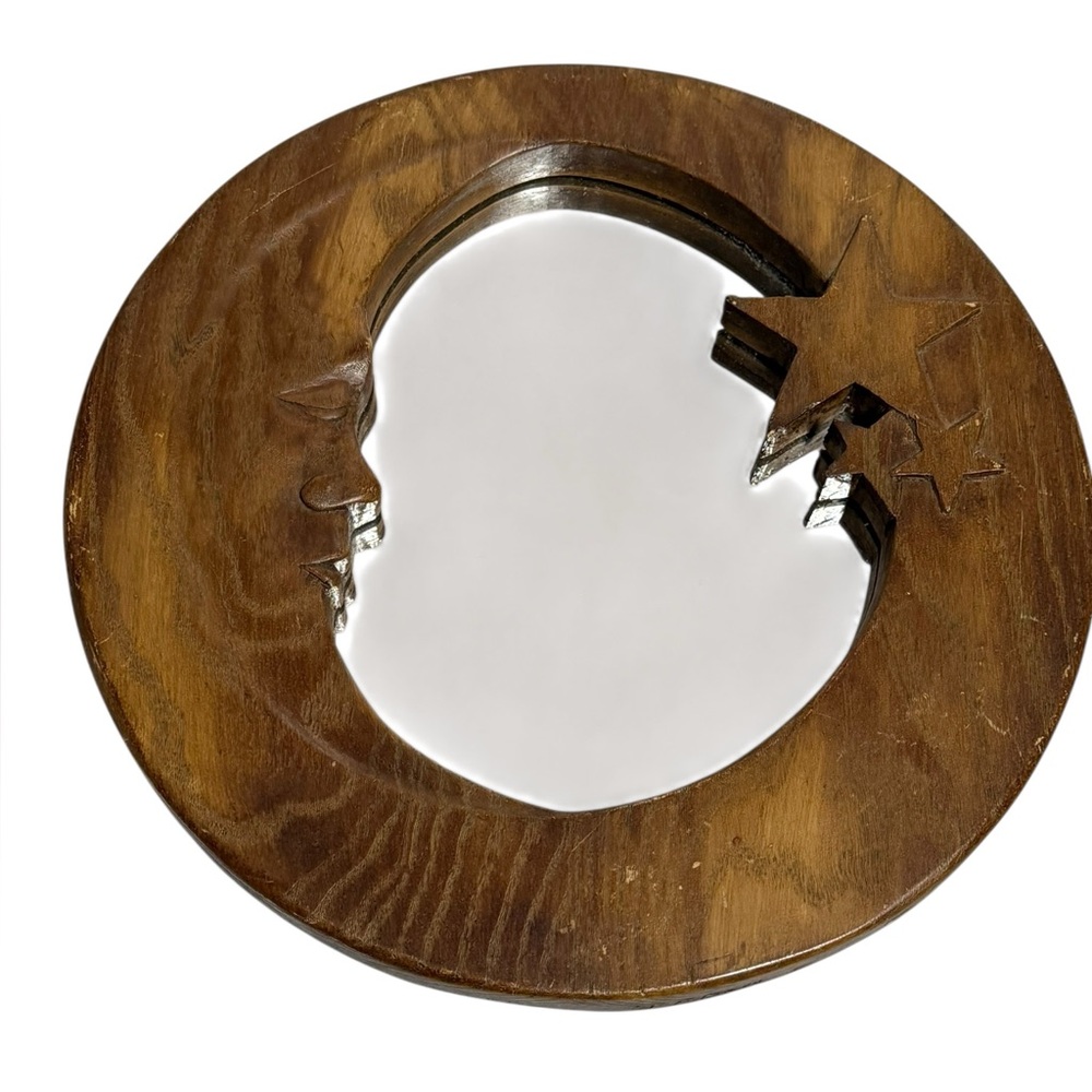 VTG Celestial Moon and Stars Round Wood Wall‎ Mirror Boho Whimsical 12" READ